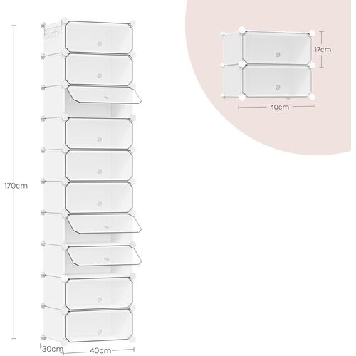 Lot De 10 Rangement Chaussures, Empilable, Pour 20 Paires, Avec Porte, Crochets, 40x30x170cm, Blanc