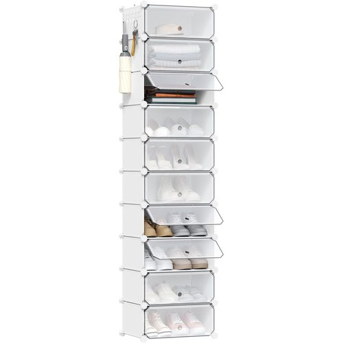 Lot De 10 Rangement Chaussures, Empilable, Pour 20 Paires, Avec Porte, Crochets, 40x30x170cm, Blanc