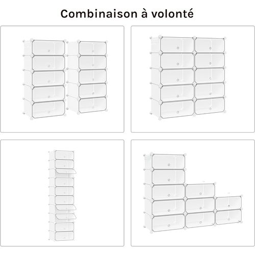 Lot De 10 Rangement Chaussures, Empilable, Pour 20 Paires, Avec Porte, Crochets, 40x30x170cm, Blanc