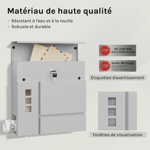 Boîte Aux Lettres Murale Avec 3 Fenêtres, 2 Clés, Couvercle à Charnière Et Porte-journaux, Gris
