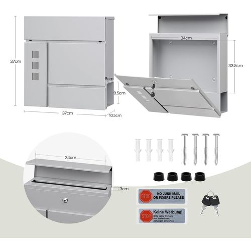 Boîte Aux Lettres Murale Avec 3 Fenêtres, 2 Clés, Couvercle à Charnière Et Porte-journaux, Gris