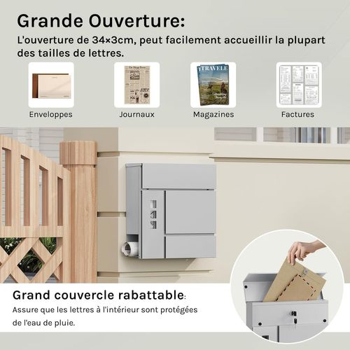 Boîte Aux Lettres Murale Avec 3 Fenêtres, 2 Clés, Couvercle à Charnière Et Porte-journaux, Gris