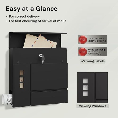 Boîte Aux Lettres Murale Avec 3 Fenêtres, 2 Clés, Couvercle à Charnière Et Porte-journaux, Noir