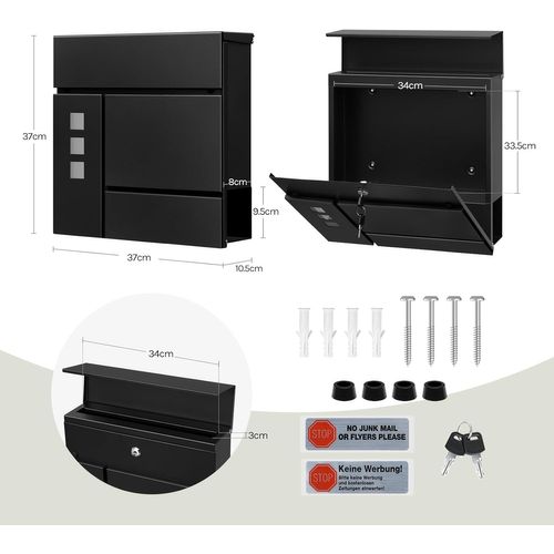 Boîte Aux Lettres Murale Avec 3 Fenêtres, 2 Clés, Couvercle à Charnière Et Porte-journaux, Noir
