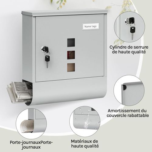 Boîte Aux Lettres Murale Verrouillable Avec 2 Clé,fenêtre Transparente,porte-nom,gris,30,5x9x33,5cm