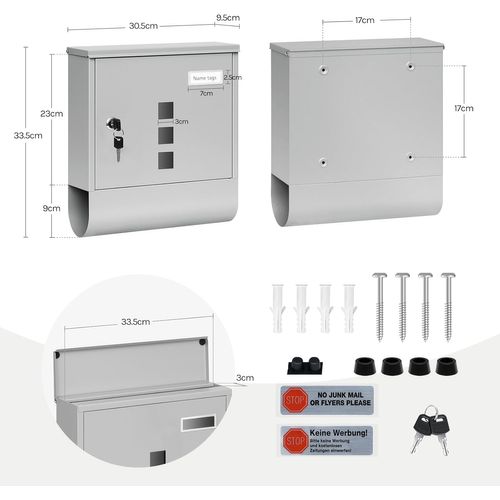 Boîte Aux Lettres Murale Verrouillable Avec 2 Clé,fenêtre Transparente,porte-nom,gris,30,5x9x33,5cm
