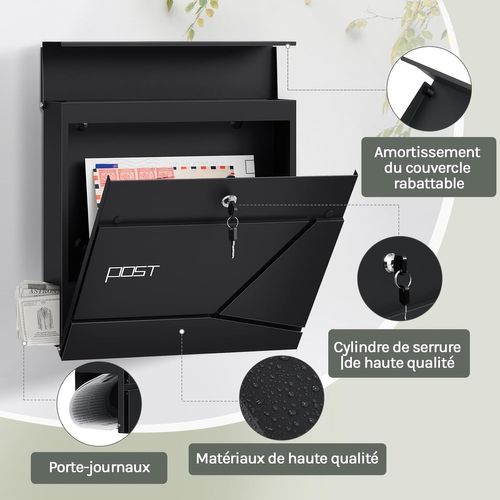 Boîte Aux Lettres Murale En Métal, Avec Porte-journaux, Couvercle,serrure Et Clé,noir,37x10,5x37cm