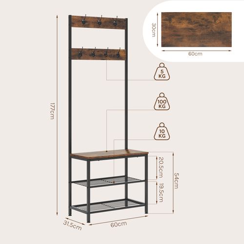 Meuble D'entrée,Portemanteau Avec Banc+Étagère à Chaussures,7 Crochet,Marron Rustique,60x31,5x170cm