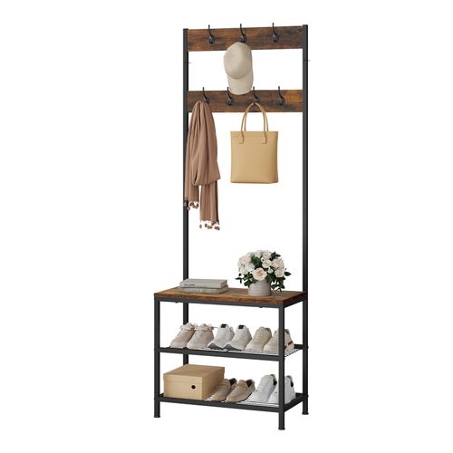 Meuble D'entrée,Portemanteau Avec Banc+Étagère à Chaussures,7 Crochet,Marron Rustique,60x31,5x170cm