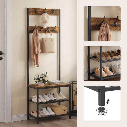 Meuble D'entrée,Portemanteau Avec Banc+Étagère à Chaussures,7 Crochet,Marron Rustique,60x31,5x170cm