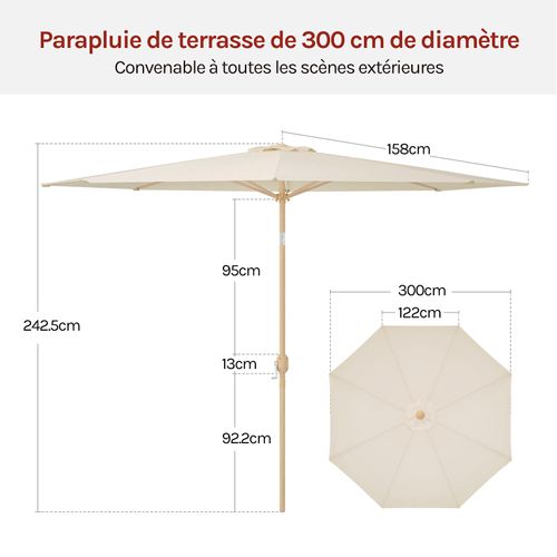 Parasol Jardin Déporté Avec Toile Φ300cm, Inclinable, Protection Uv Upf 50+