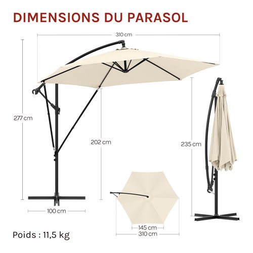 Parasol Cantilever, Parasol De Jardin Suspendu Ø 310cm, Avec Protection Uv, Inclinable, Avec Housse