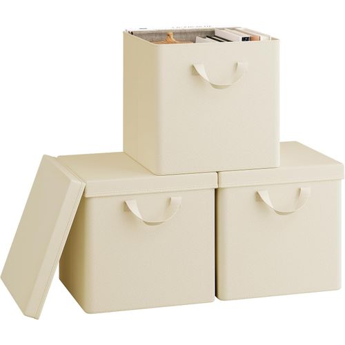 3 X Cubes De Rangement Pliable 30x30x29cm, Boîtes Rangement Tissu Avec Couvercle,avec Poignée,crème