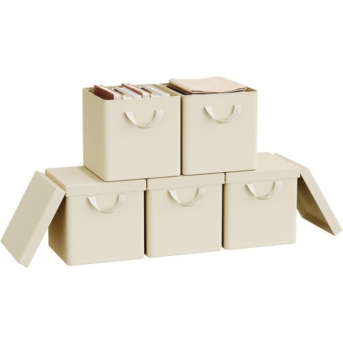Lot De 5 Boîtes Rangement Tissu Avec Couvercle,pliable,avec Poignée,cadre En Métal,27x27x27cm,crème