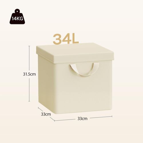 5 X Boîtes Rangement Tissu Avec Couvercle,pliable,avec Poignée,cadre En Métal,33x33x31,5cm,crème