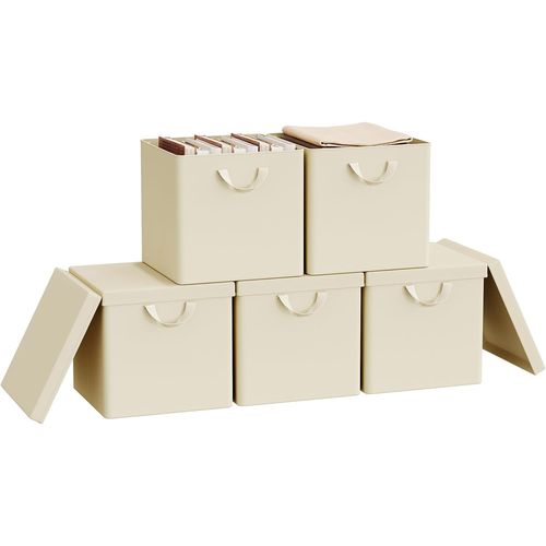 5 X Boîtes Rangement Tissu Avec Couvercle,pliable,avec Poignée,cadre En Métal,33x33x31,5cm,crème