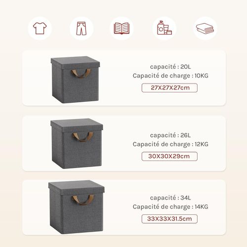 3 X Cubes De Rangement Pliable 27x27x27cm, Boîtes Rangement Tissu Avec Couvercle,avec Poignée,gris