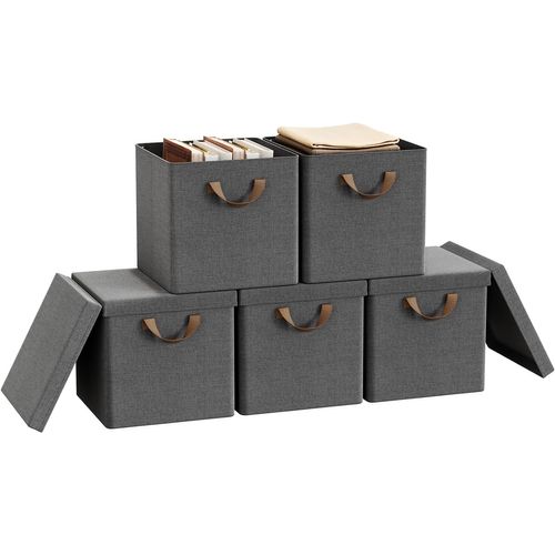 Lot De 5 Boîtes Rangement Tissu Avec Couvercle,pliable,avec Poignée,cadre En Métal,30x30x29cm,gris
