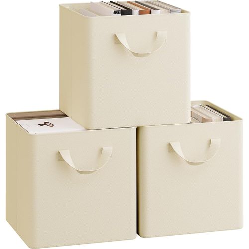 3 X Cube De Rangement Pliable En Tissu, Boîte Rangement, Avec Poignée, 26x26x26,5 Cm, Crème