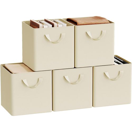 Lot De 5 Boîte Rangement Pliable En Tissu, Avec Poignée, Cadre En Métal, 26x26x26,5 Cm, Crème