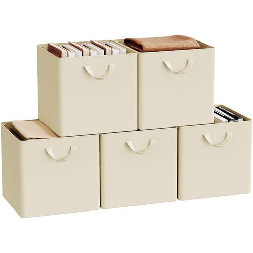 Lot De 5 Boîte Rangement Pliable En Tissu, Avec Poignée, Cadre En Métal, 32,5x32,5x31cm, Crème