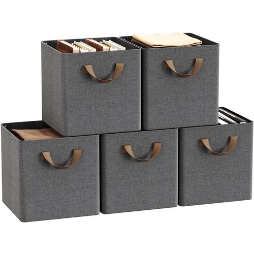 Lot De 5 Boîte Rangement Pliable En Tissu, Avec Poignée, Cadre En Métal, 26x26x26,5 Cm, Gris