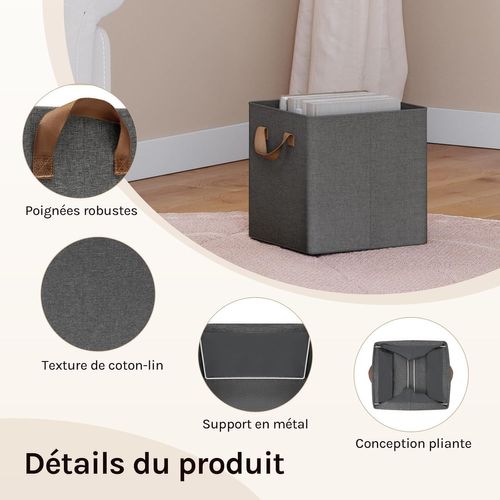 Lot De 5 Boîte Rangement Pliable En Tissu, Avec Poignée, Cadre En Métal, 32,5x32,5x31cm, Gris