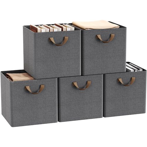 Lot De 5 Boîte Rangement Pliable En Tissu, Avec Poignée, Cadre En Métal, 32,5x32,5x31cm, Gris