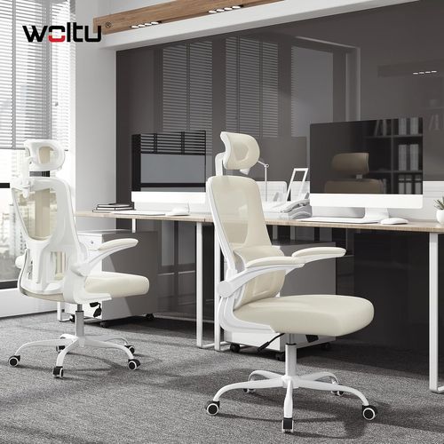 Chaise Bureau Sur Roulettes, Pivotante, Avec Fonction Inclinable,Appui-Tête Réglable,En Maille,Beige