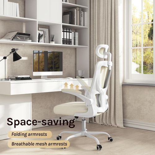 Chaise Bureau Sur Roulettes, Pivotante, Avec Fonction Inclinable,Appui-Tête Réglable,En Maille,Beige