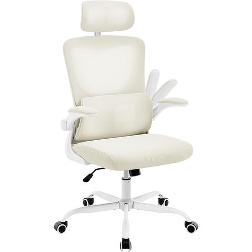 Chaise Bureau Sur Roulettes, Pivotante, Avec Fonction Inclinable,Appui-Tête Réglable,En Maille,Beige