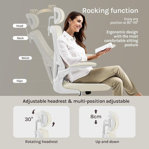 Chaise Bureau Sur Roulettes, Pivotante, Avec Fonction Inclinable,Appui-Tête Réglable,En Maille,Beige