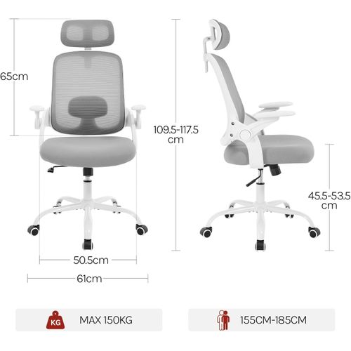 Chaise Bureau Ergonomique, En Maille, Appui-tête Et Accoudoirs Réglables, Pivotante, Gris Clair