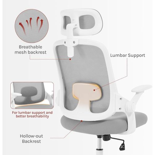Chaise Bureau Ergonomique, En Maille, Appui-tête Et Accoudoirs Réglables, Pivotante, Gris Clair