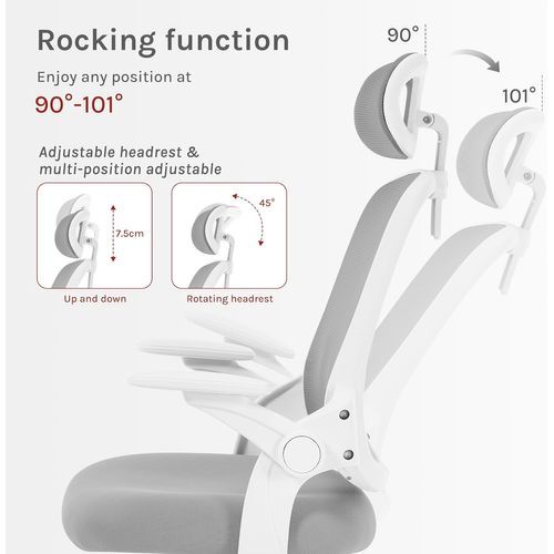 Chaise Bureau Ergonomique, En Maille, Appui-tête Et Accoudoirs Réglables, Pivotante, Gris Clair