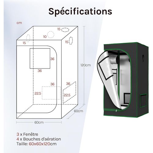 Tente De Culture Hydroponique 60x60x120cm,avec Fenêtre D'observation,en Mylar Réfléchissant,noir