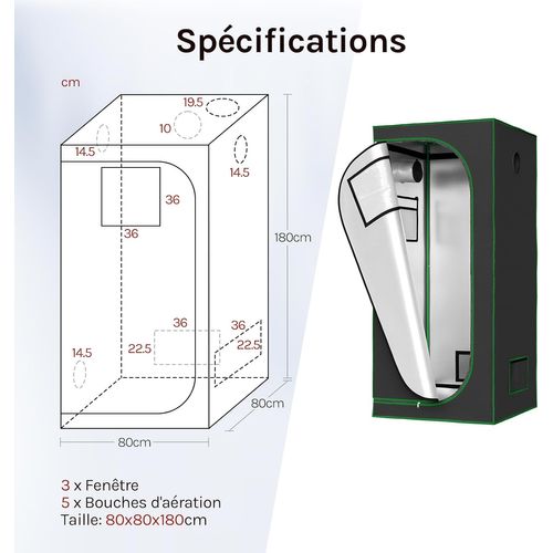 Tente De Culture Hydroponique 80x80x180cm,avec Fenêtre D'observation,en Mylar Réfléchissant,noir