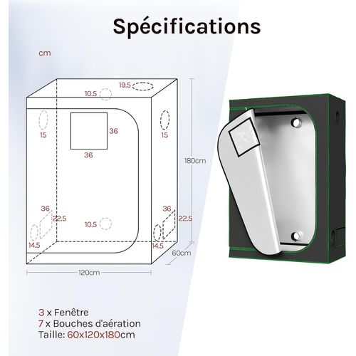 Tente De Culture Hydroponique 120x60x180cm,avec Fenêtre D'observation,en Mylar Réfléchissant,noir