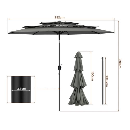 Parasol De Jardin Déporté Avec Toile Φ292cm, Uv Upf 50+, Inclinable, Portable, Gris Foncé