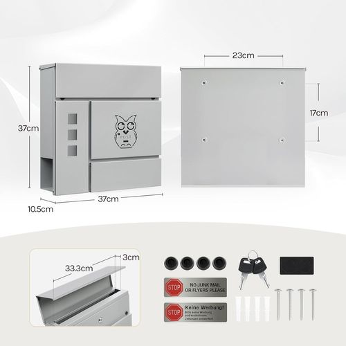 Boîte Aux Lettres Avec Serrure, Fenêtres D'observation, Couvercle Rabattable, 37x10,5x37cm, Gris