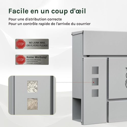 Boîte Aux Lettres Avec Serrure, Fenêtres D'observation, Couvercle Rabattable, 37x10,5x37cm, Gris
