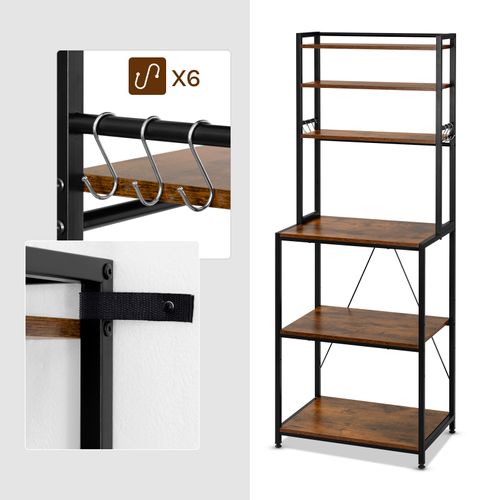 Étagère Cuisine, 6 Étagères De Rangement, 6 Crochets, 60x39,5x167cm, Marron Rustique+noir