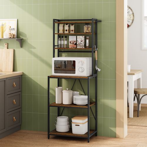 Étagère Cuisine, 6 Étagères De Rangement, 6 Crochets, 60x39,5x167cm, Marron Rustique+noir