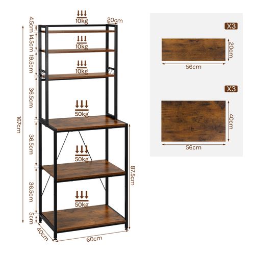 Étagère Cuisine, 6 Étagères De Rangement, 6 Crochets, 60x39,5x167cm, Marron Rustique+noir