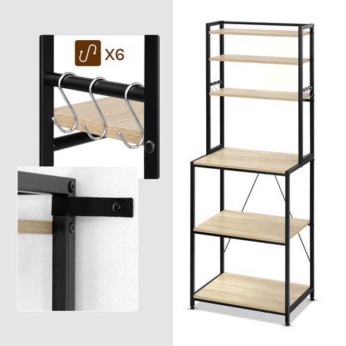 Étagère Cuisine, 6 Étagères De Rangement, 6 Crochets, 60x39,5x167cm, Chêne Clair+noir