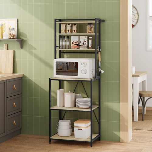 Étagère Cuisine, 6 Étagères De Rangement, 6 Crochets, 60x39,5x167cm, Chêne Clair+noir