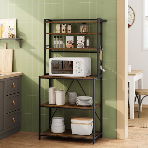 Étagère Cuisine, 6 Étagères De Rangement, 6 Crochets, 80x39,5x167cm, Marron Rustique+noir