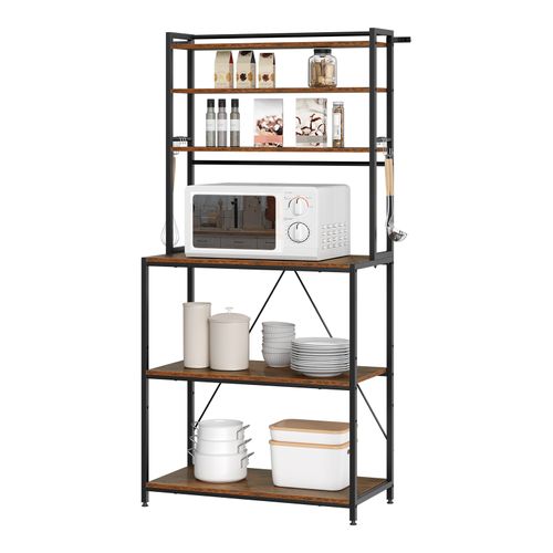 Étagère Cuisine, 6 Étagères De Rangement, 6 Crochets, 80x39,5x167cm, Marron Rustique+noir