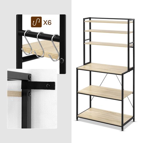 Étagère Cuisine, 6 Étagères De Rangement, 6 Crochets, 80x39,5x167cm, Chêne Clair+noir