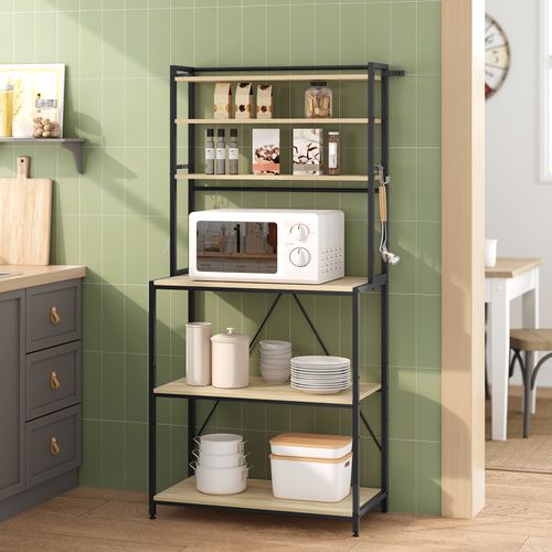 Étagère Cuisine, 6 Étagères De Rangement, 6 Crochets, 80x39,5x167cm, Chêne Clair+noir